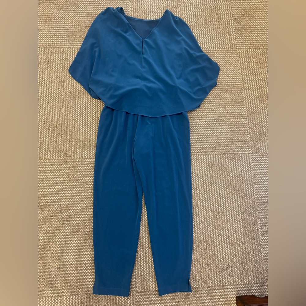 Halston Heritage Drape Sleeve Tapered Long Crepe Jumpsuit in Teal, size 14 - Picture 11 of 11